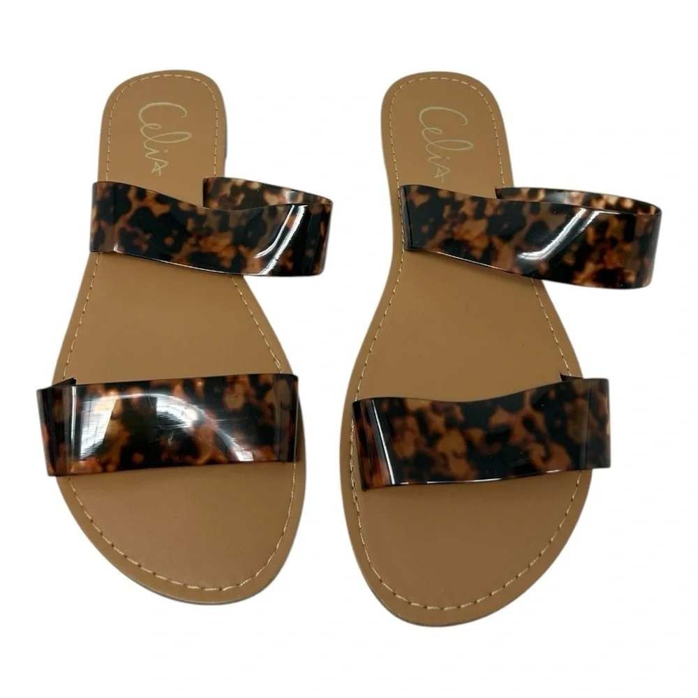 Celia Womens Tortoiseshell Double Strap Slide Sandals Brown Animal Print Size 8